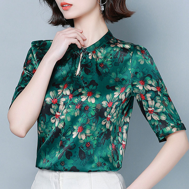 Fashion Silk Blouse Blusas Mujer De Moda Women Summer Plus Size Tops Vintage Print Stand Clothes 4XL Shirt 8910 50 210506