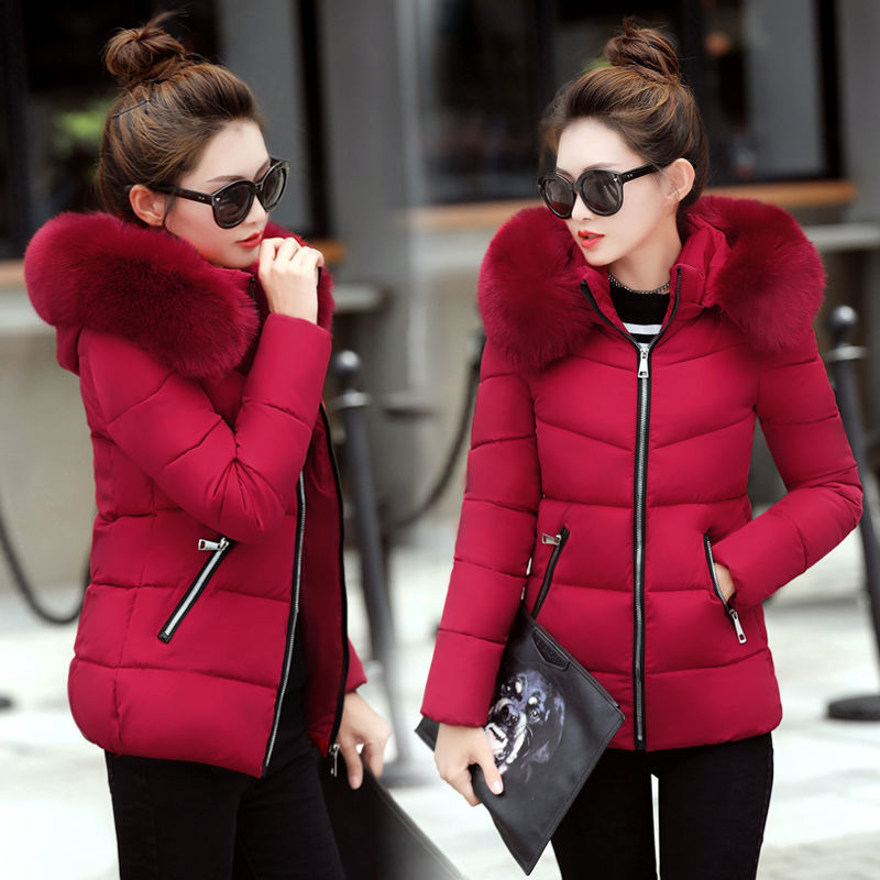 Korea Fashion Winter Women Slim Short Coat Warm Thicken Ladies Coats Big Fur Collar Hooded Parkas Lady Jacket D257 210512