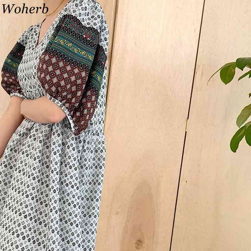 Korean Boho Printed Women Long Dress Summer Short Sleeve V-neck A-line Dresses Vintage Elegant Ladies Vestido Robe 210519