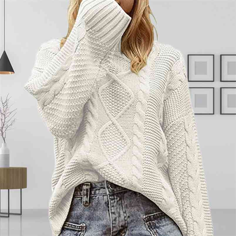 Autumn winter women vintage loose Turtleneck pullover ladies long sleeve WhiteTwist Knit thick Warm sweater sweter mujer 210604