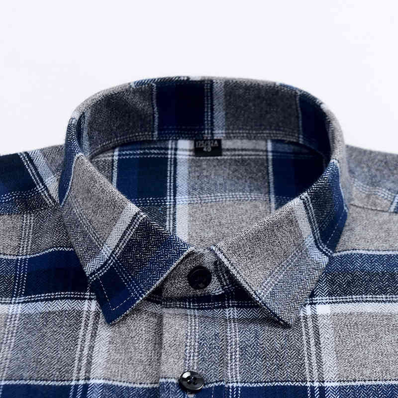 Men's Brushed Cotton Plaid Casual Shirt Single Patch Pocket Long Sleeve Standard-fit Comfortable Flannel Thick Gingham Shirts 210506