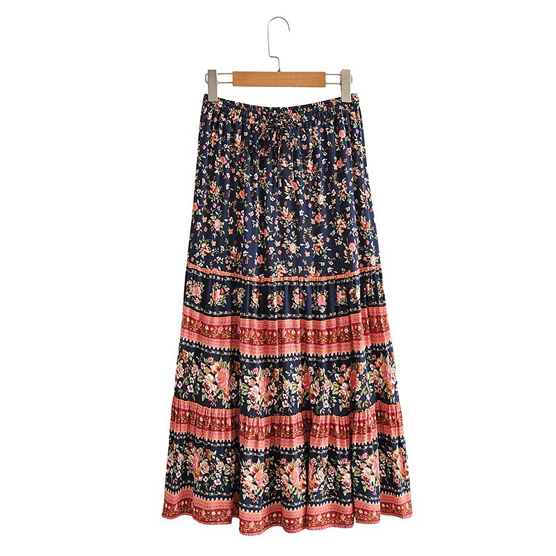 Bohemian Adjust Stream Elastic Waist Floral Print Long Skirt Hippie Women Swing Skirts Holiday Beach 210429