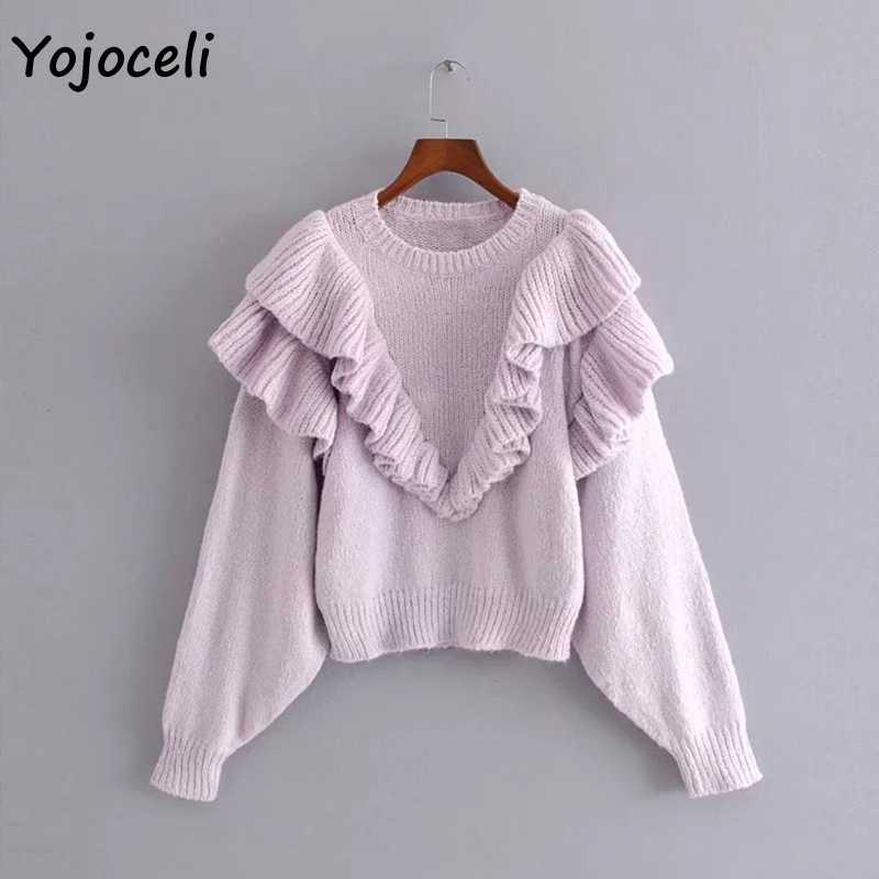 Yojoceli streetwear cute ruffle sweater women o neck cool knit pullover jumper 210609