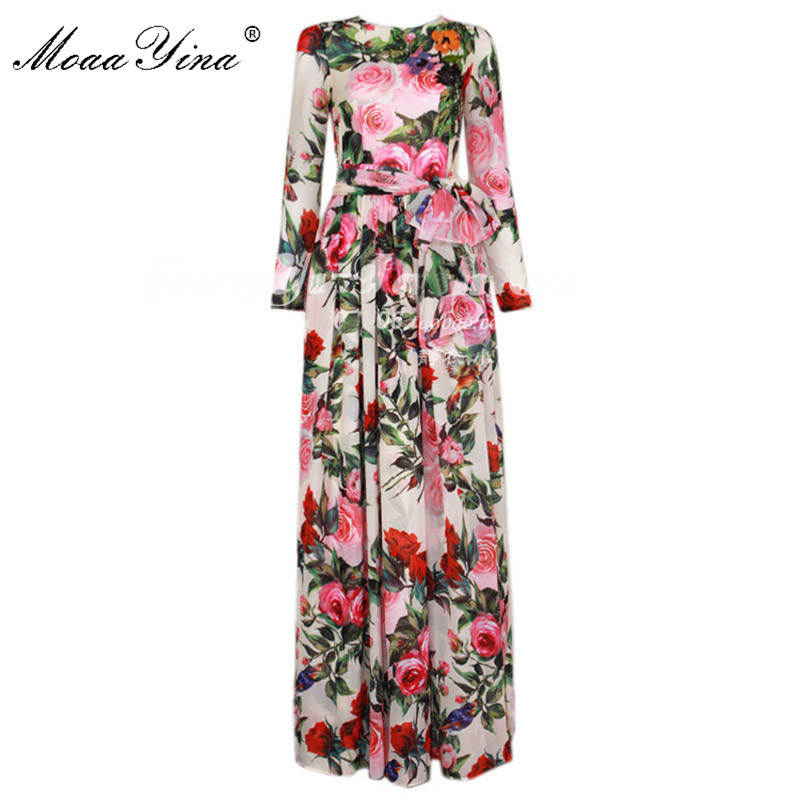 

Fashion Designer Runway Dress Spring Summer Women Long sleeve Floral Print Beading Sequin Bohemia Beach Chiffon 210524, Multi