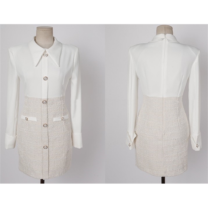Autumn Retro elegant Office OL Tweed Patchwork Dress Long sleeve Lapel single-breasted Bodycon Mini Female 210519