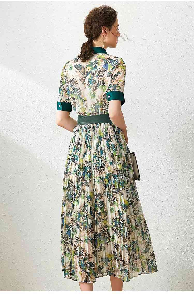 Pleated Dress Summer Women Turn Down Collar Patchwork Printed Short Sleeved Slim Belted Elegant Dresses Casual z 210421