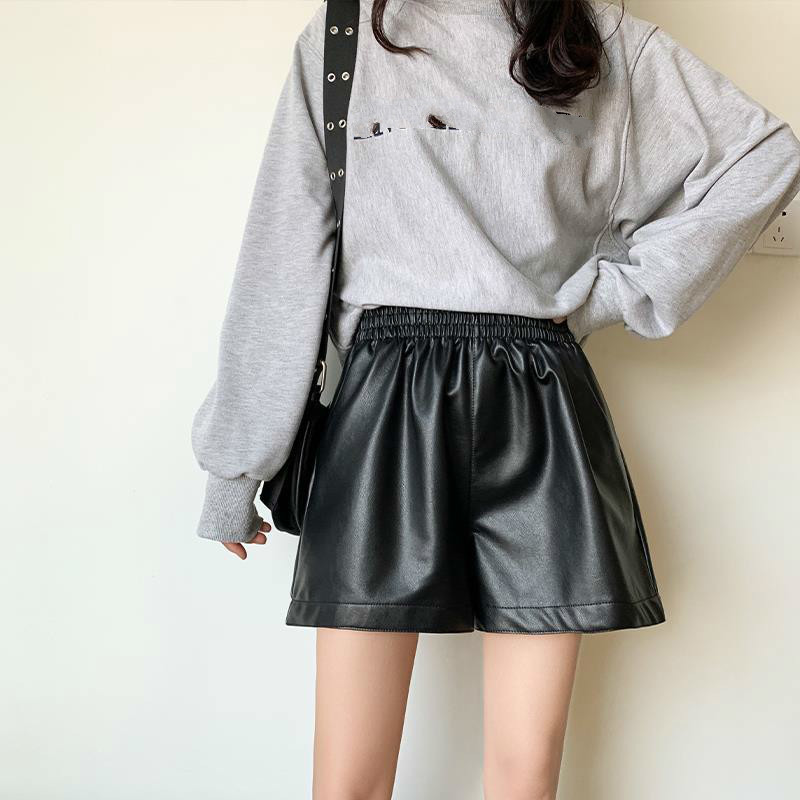 Nomikuma PU Leather Women Shorts Causal Solid Stretch High Waist Bottom Spring New Wide Leg Short Feminimos 6E047 210427
