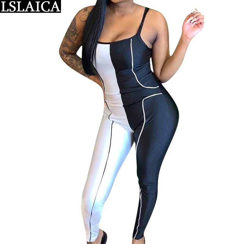 Women Jumpsuit Spaghetti Strap White&Black Patchwork Sexy Adult Onesies for Wholesale Skinny Fashion Streetwear Salopete 210520