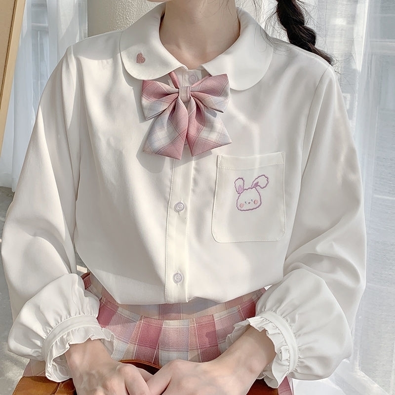Japan Kawaii Chiffon White Blouse Women Autumn Long Sleeve Rabbit Embroidery Shirts Lolita Style Tops Clothes Schoolgirl 210317