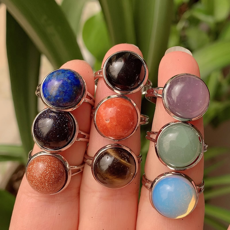 12mm Natural Stone Rings silver gold color Open Adjustable Turquoise Amethysts Pink Quartz Crystal Women Ring Party Wedding