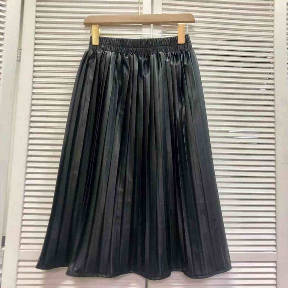 Free Spring Women's High Waist Pleated PU Skirt Elegant A-line Fashion Casual Black Midi 210524