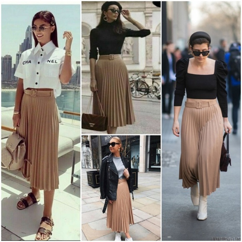 Women Pleated Skirt With Belt High Waist Elegant Vintage A-line Midi Skirts Female 210508