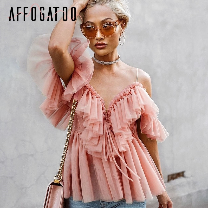 Affogatoo Sexy v neck off shoulder peplum blouse top Women Pleated vintage ruffle mesh blouse shirt Casual summer sleeveless top 210317