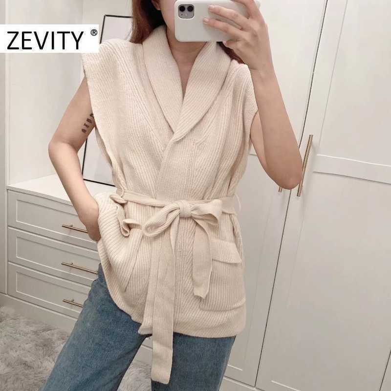 Zevity Women Fashion Turn Down Collar Pockets Patch Sashes Knitting Sweater Female Chic Sleeveless Open Stitching Vest Tops S458 210603