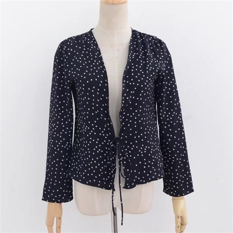 Vintage Bow Tie Closure Star Print Kimono Shirt Retro Woman Long Sleeve V Neck Blouse 210429