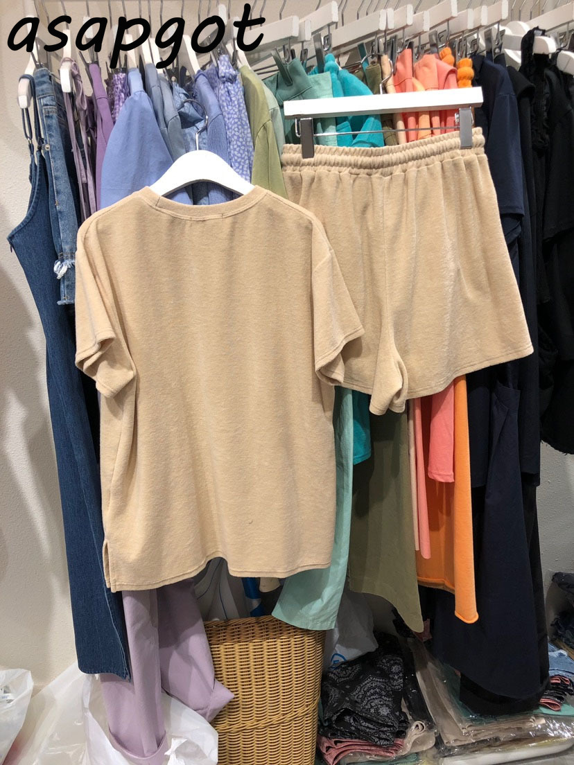 Cotton Plus Size Summer Sets Casual Fashion Chic Loose O Neck Short Sleeve Tshirt Tops Elastic Waist Wide Leg Shorts 3Color 210429