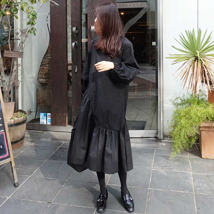 Fall Solid Slim Loose Irregular Plus Size O Neck Dresses Women Casual Pleated Elegant Retro Women's Dress 210615Z