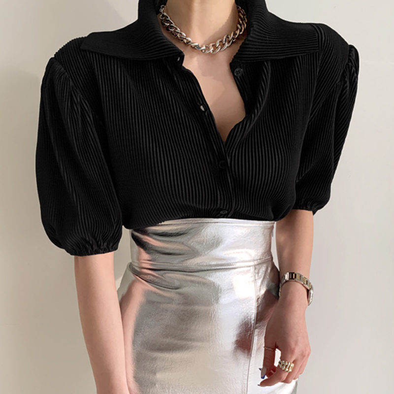 Nomikuma Women Blouses Korean Puff Short Sleeve Turn-down Collar Shirt Spring Summer New Causal Blusas De Mujer 6F610 210427