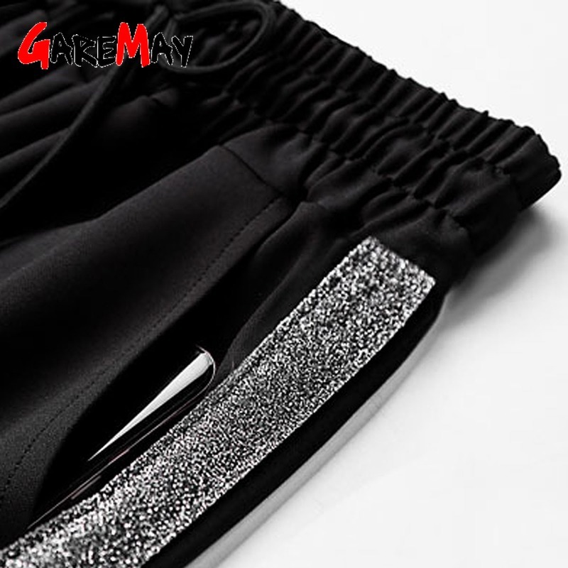 Women's Pants Plus Size Korean Style Motion Elastic Waist SportsTrousers Black White Striped Side Sweatpants Women 210428