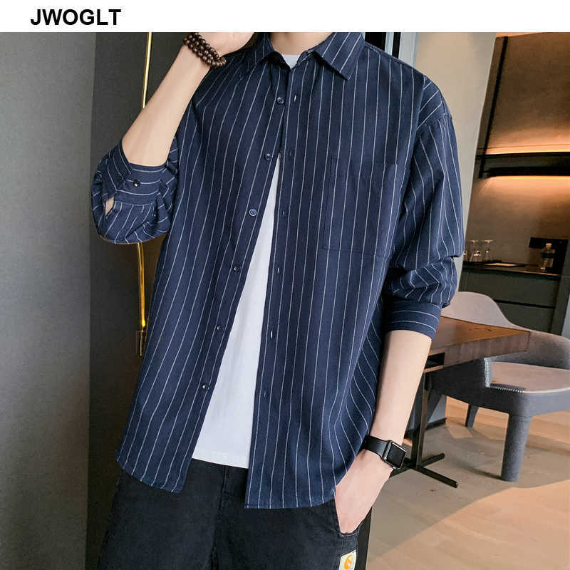Men's Striped Shirts Button-Down Shirt Chest Pocket Casual Standard Fit Black Navy Gray Long Sleeve Cotton Shirts 4XL 5XL 210528
