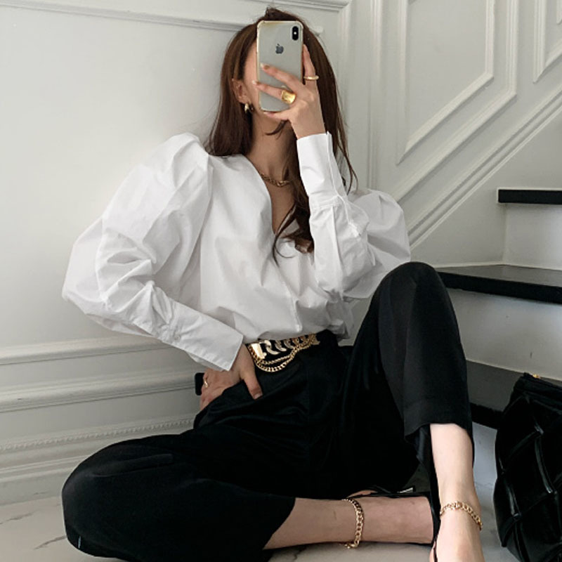 Solid White Blouse Office Lady Shirt Cotton Korean Chic Women Fashion V-neck Plus Size Loose Tops Blusas Blouses 12870 210427
