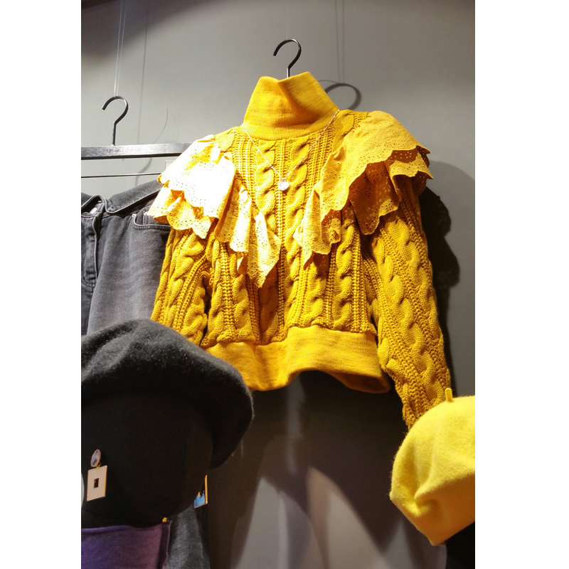 Nomikuma Knitted Twist Women Sweater Lace Ruffle Patchwork Pull Femme Autumn Winter Turtleneck Long Sleeve Pullovers 6C712 210427