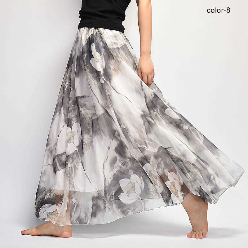 Fashion Women's BOHO Elegant Florals Print Chiffon Long Skirt Ladies Slim High-Waist Elastic Waist Pleated Skirts SK15 210621