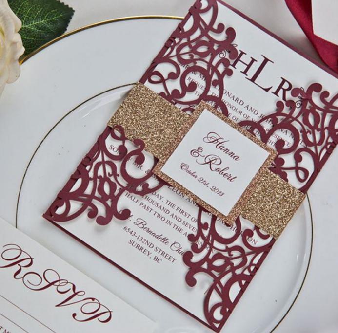 2021 Rose Gold Glitter Laser Cut Invitations Cards With Beige Ribbons For Wedding Bridal Shower Engagement Birthday Graduation