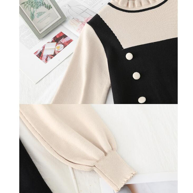 Autumn Winter Knit Long Dress Women Elegant Ruffle collar Slim A-line Sweater Dresses Double breasted Office Lady Casual Dress 210521