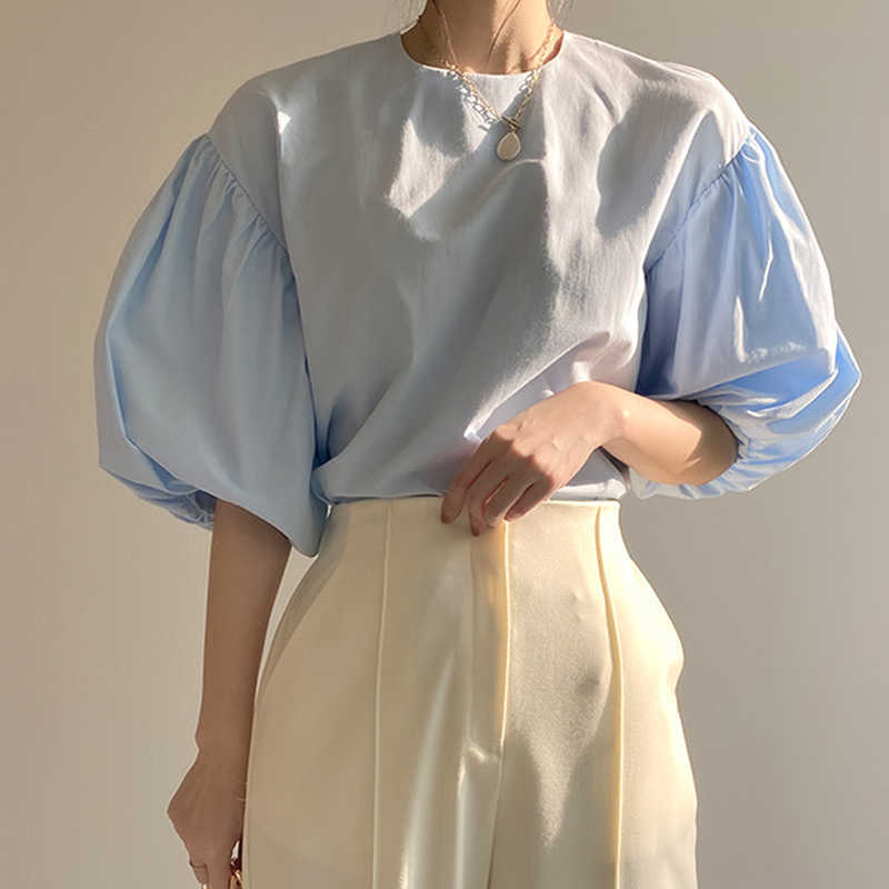 Korejpaa Women Shirt Summer Korea Chic Gentle Milk Soft Round Neck Loose All-Match Solid Color Casual Lantern Sleeve Blouse 210526