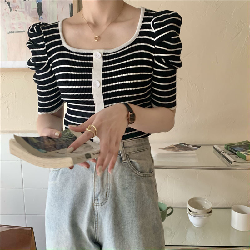 Lucyever Stripe Elastic Square-neck Knitted Shirt Women Summer Fashion Slim Puff Short sleeve Knitt Tops Button Shirts Woman 210521, Coffee stripes
Lucyever Stripe Elastic Square-neck Knitted Shirt Women Summer Fashion Slim Puff Short sleeve Knitt Tops Button Shirts Woman 210521, Coffee stripes