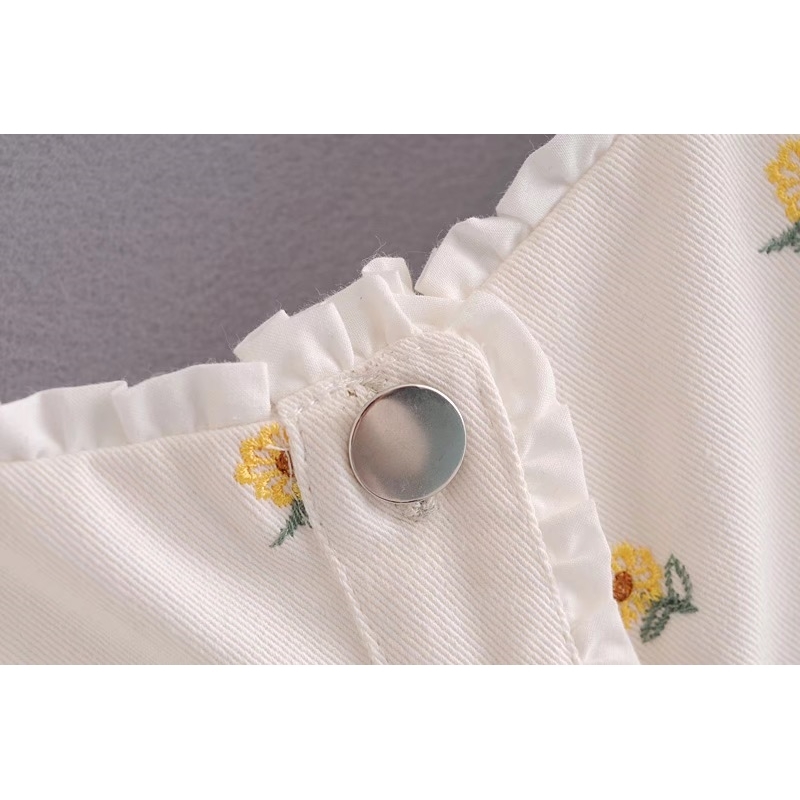 Women Sun Flower Print Sleeveless Mini Dress White Sweet Spliced Wood ears Ruffles Front Center Button Slim fit Tank Party 210429