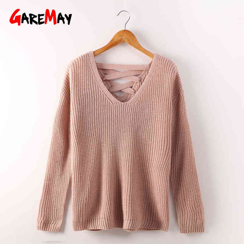 Knitted Sweater Women Autumn Fall Fashion Backless V Neck Jumpers Ladies s Wine Red Female Pullover 210428
