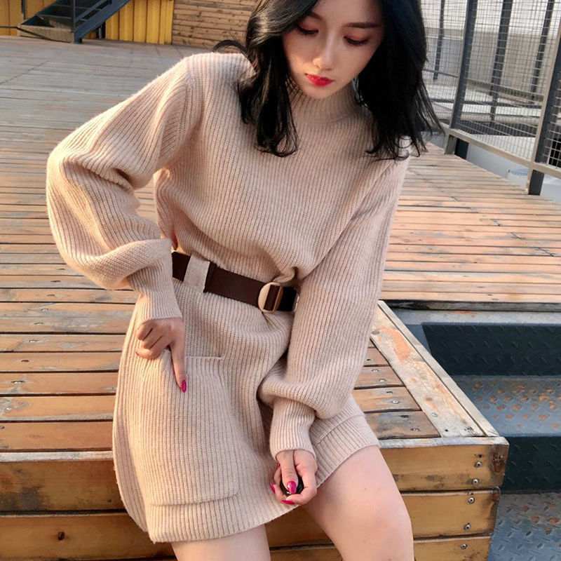 Belted Korean Sweet Simple Waist Sweater Mid-length Pullover Solid Full Sleeve Casual Female 210427