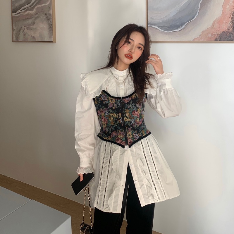 Nomikuma Women Two Pieces Sets Medium-long Peter Pan Collar Blouse Shirt Vintage Floral Sling Vest Korean Spring Outfits 6E834 210427