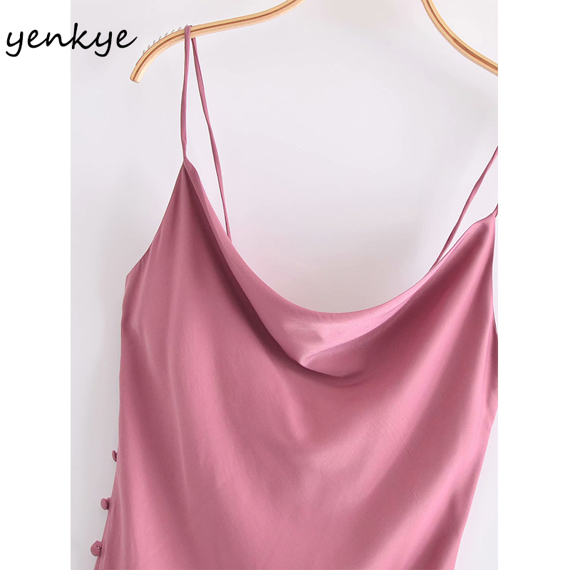Summer Sexy Sling Dress Women Solid Color Satin Side Button Slits Long Female Night Out Vestido 210430