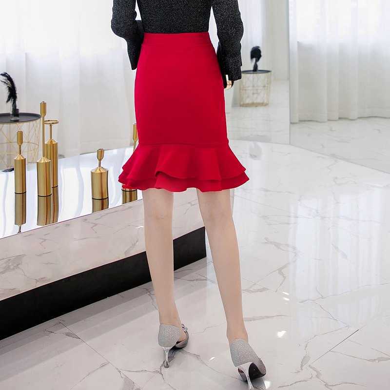 SEXMKL Womens Korean Pencil Skirt Fashion Elegant High Waist Ruffle Black Office Ladies Sexy Plus Size Red Jupe 210621