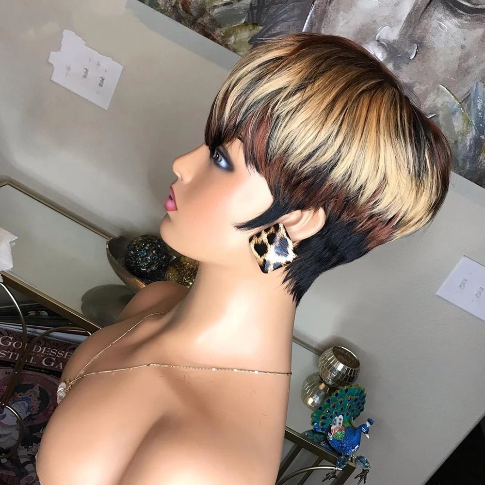 Short Pixie Cut Bob Ombre Blonde Brown/Black Human Hair Wavy Wig No Lace Front Brazilian Wigs For Black Women 150% Density