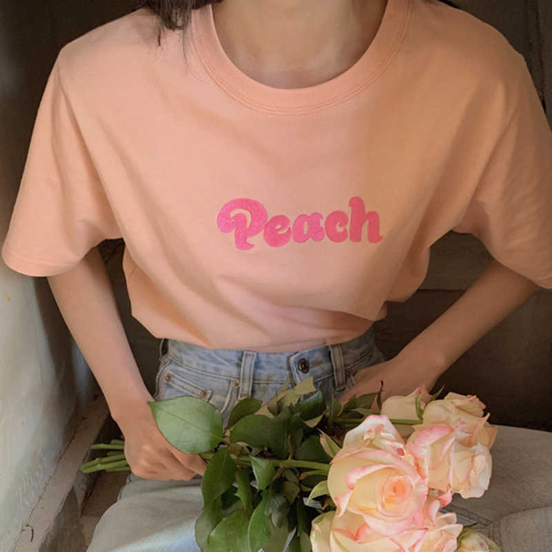 Korejpaa Women T-Shirt Summer Korean Chic Sweet Little Peach Embroidered Letters Round Neck Loose Short-Sleeved Pullover 210526