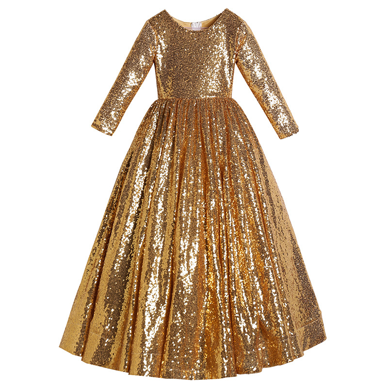 Sequined Pageant Fluffy Off The Shoulder Ruched Gold Bling Flower Girl Ball Gowns Party Dresses For Girls 403
