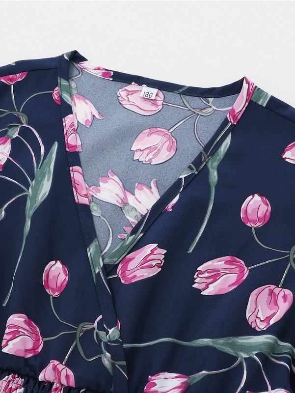 Girls Floral Print Shirred Waist Flared Dress SHE