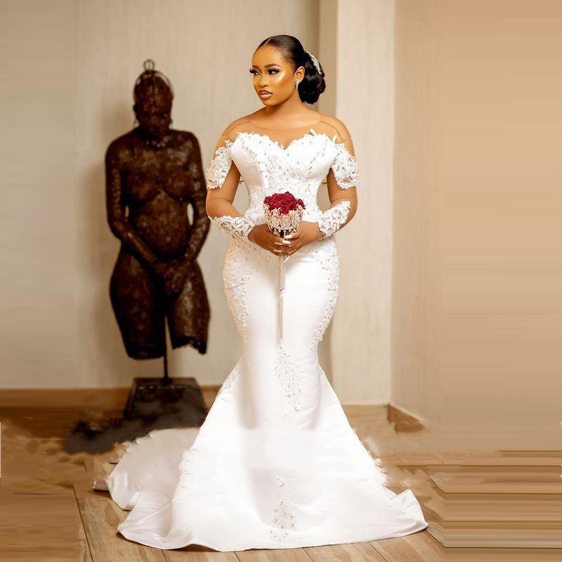 Aso Ebi Mermaid Wedding Dresses With Sheer Neck Illusion Long Sleeves Bridal Dress Lace Appliques Pearls vestido de noiva Sexy Backless African Bridal