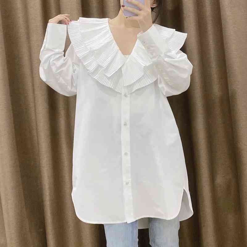 Spring Women V Neck Cascading Ruffle Loose White Shirt Female Long Sleeve Blouse Casual Lady Tops Blusas S8619 210430