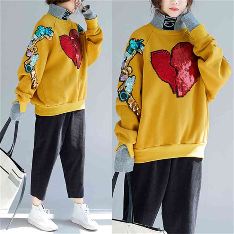 Autumn Winter Fashion Women Loose Batwing Sleeve Long Pullovers Thicken cotton Sequin embroidery Casual Hoodies T6446 210512