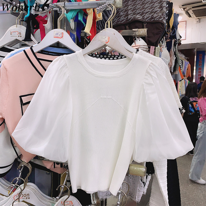 Korean Thin Knitted T-shirt Tops Women Summer Vintage Puff Sleeve Knitwear Fashion Ladies Tshirts Chic 210519