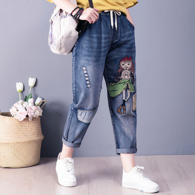 Spring Arts Style Women Elastic Waist Loose Jeans Vintage Embroidery Cartoon Patchwork Denim Harem Pants Plus Size S620 210512