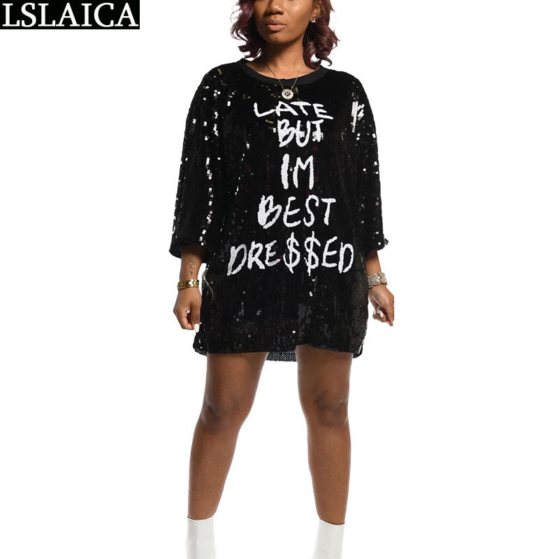 Fashion women shirts three quarter sleeve sequin O-neck letter print s tops and blouses loose wild elegant 210515