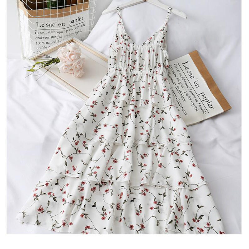 Women Summer Bohemian Strap Dress Korean Print V-neck backless Sundress Holiday Beach Sleeveless Cake Floral Dress 210521