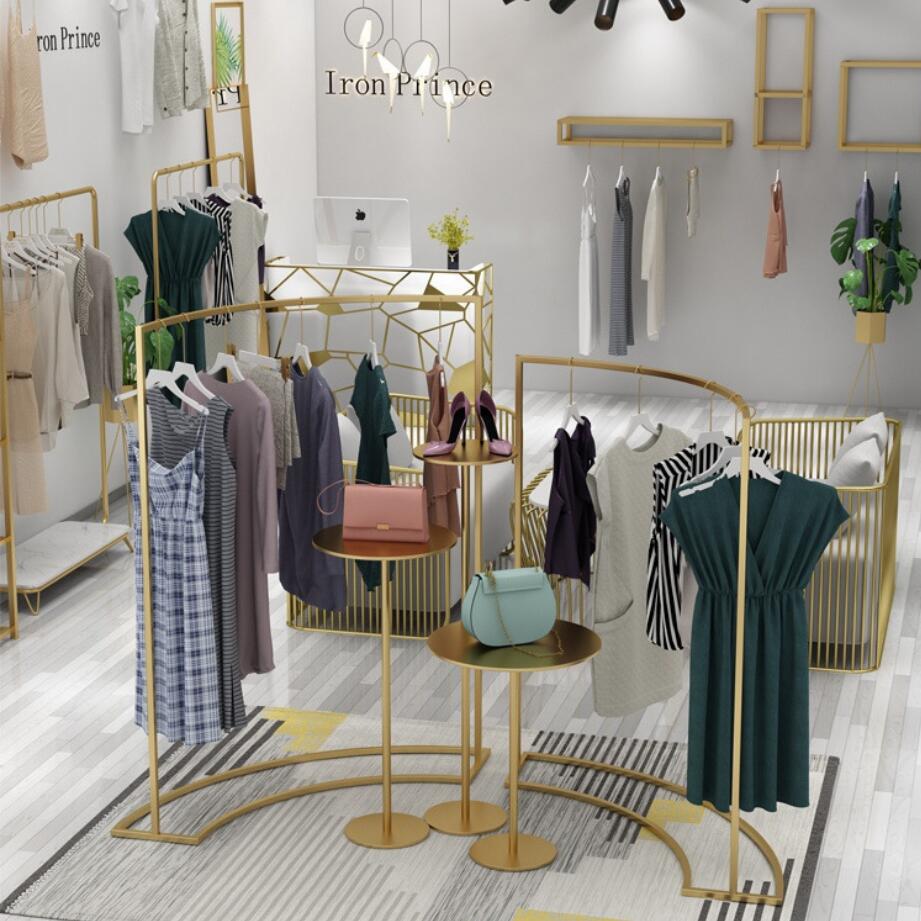 Clothing store iron clothes rack Commercial Furniture modern simple gold women's cloth floor display racks shopping mall show platform