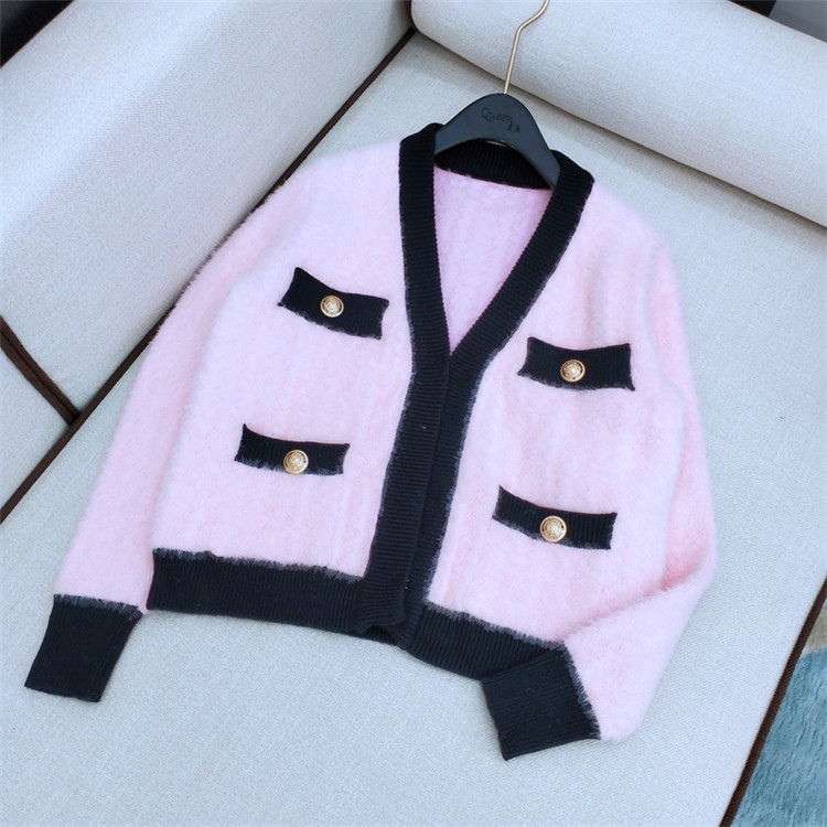 Autumn winter new design womens mohair wool knitted soft warm v-neck long sleeve color block sweater cardigan coat plus size SML